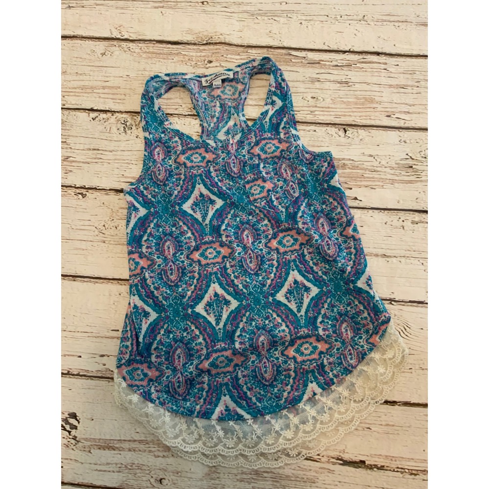 Freshman Girls Blue Pink Paisley Racerback Tank Top Lace Trim Size Medium